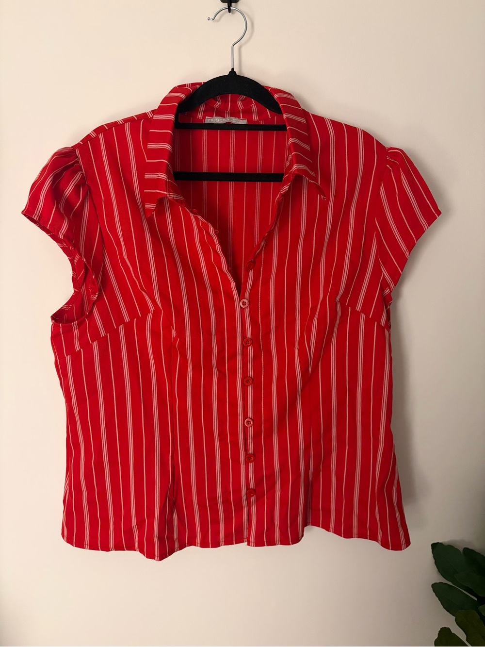 Cherry red striped button up blouse